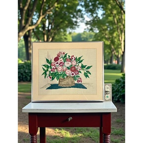 Vintage Floral Crewel Embroidery Wall Art Framed Needlework-Midcentury-Handmade - Picture 7 of 8